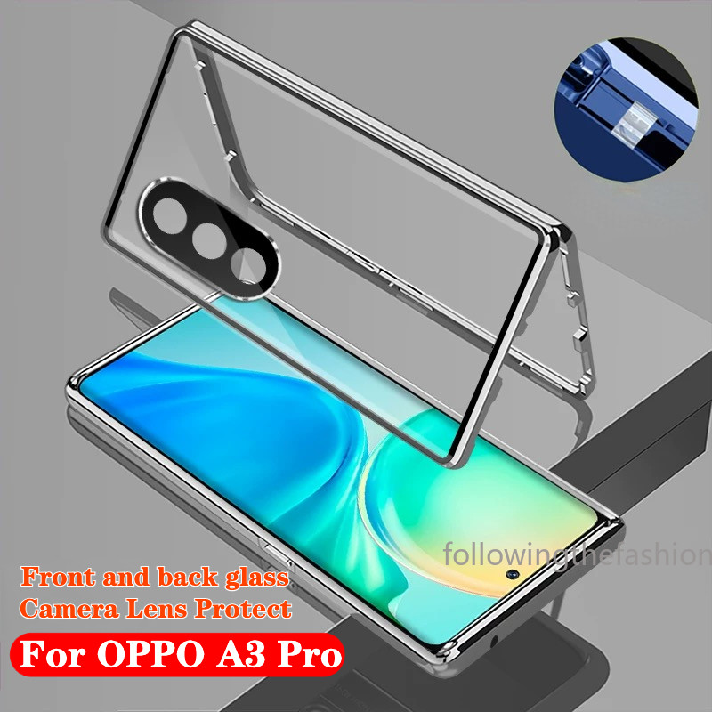 เคสสําหรับ OPPO A3 Pro 5G A3pro A 3 2024 เคสโทรศัพท์ 360° โลหะแม่เหล็กกันกระแทกเต็มรอบทิศทางกระจกความเป็นส่วนตัว ความละเอียดสูง กระจกเหนียวกล้องเลนส์ป้องกันพลิกล็อคปก