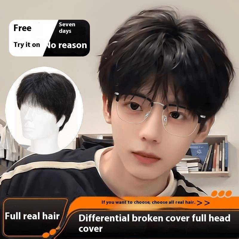 ธรรมชาติfluffiness 100% จริงผมมนุษย์Wigs Mensสั้นเต็มวิกผมHairpiece ToupeesสําหรับManของขวัญ