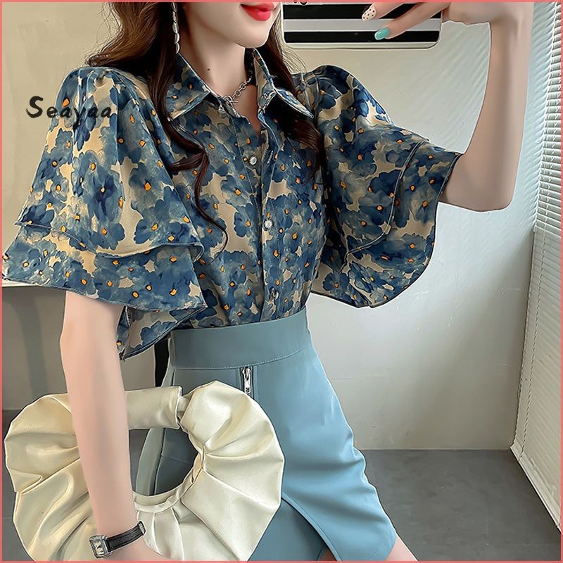 หวานพิมพ์เสื้อผู้หญิงฤดูร้อน High-end แขนสั้น Ruffled ขอบเสื้อ SY