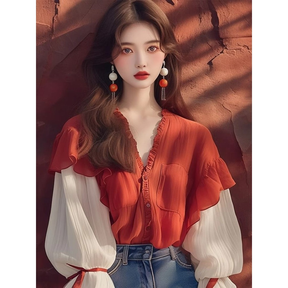 ใหม่สไตล์วิทยาลัยเกาหลีเก๋มีเอกลักษณ์สวยสีแดงผู้หญิงแขนพัฟลูกไม้ขึ้นเสื้อคอวี - รูปที่ 6