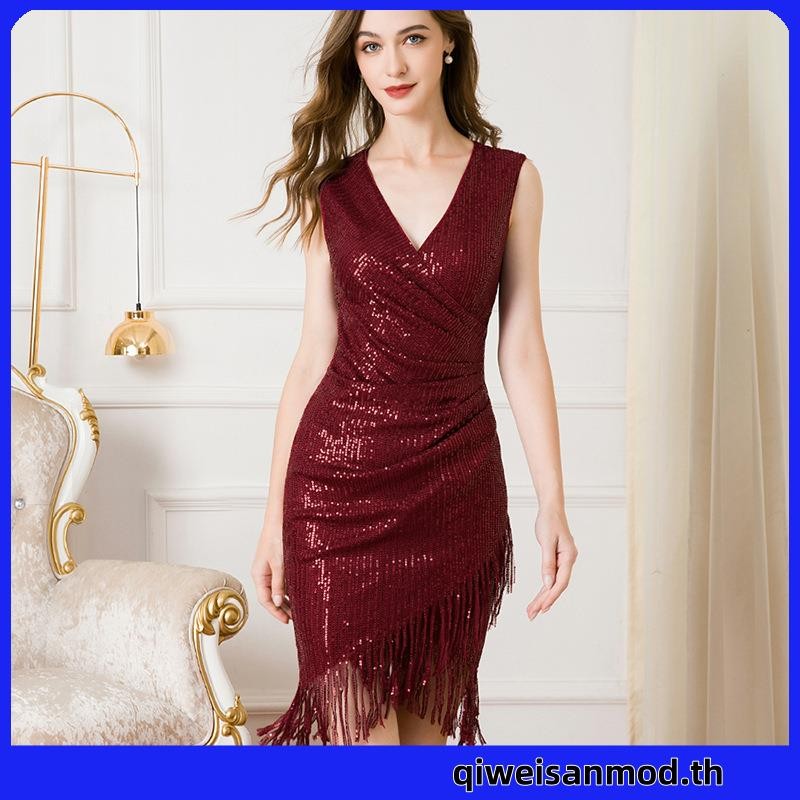 Qsuccua ชุดเดรส คอวีลึก แขนกุด ประดับเลื่อม เซ็กซี่ แต่งพู่ ทรงพิเศษ แฟชั่น สําหรับผู้ใหญ่ งานเลี้ยงค็อกเทล