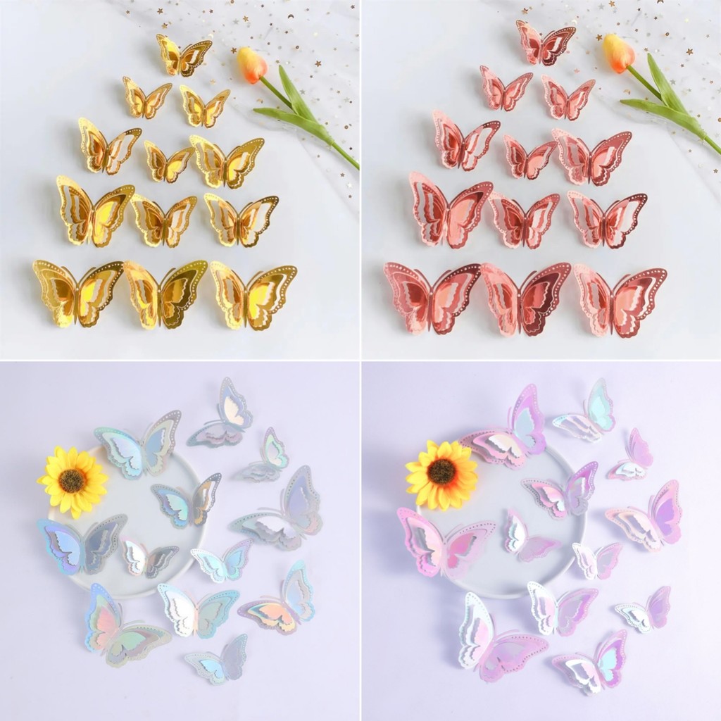 12/24/36 ชิ้น Gradient Hollow 3D ผีเสื้อสติ๊กเกอร์ติดผนังสําหรับตกแต่งงานแต่งงานห้องนั่งเล่น Gold Silver Butterflaies หน้าต่างตกแต่งบ้าน