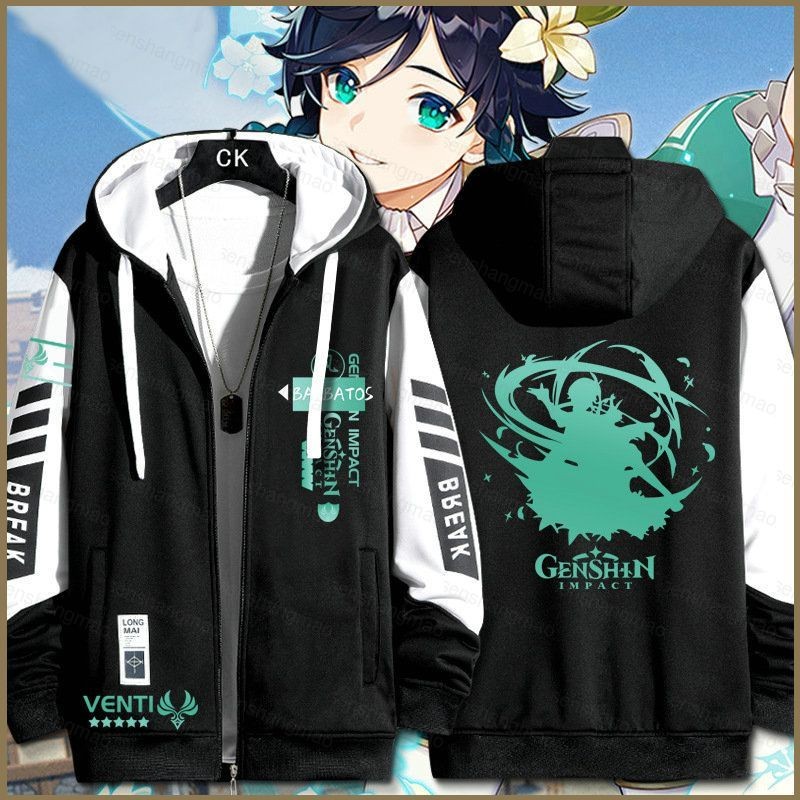 Pg Genshin Impact เกม Barbatos VENTI เสื้อซิป Hoodie แจ็คเก็ตเสื้อสเวตเตอร์ถักเสื้อกันหนาว Unisex แขนยาวคอสเพลย์