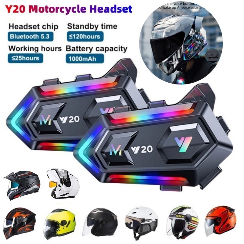 หมวกกันน็อครถจักรยานยนต์ Y20 ชุดหูฟังบลูทูธสําหรับ 2 Rider BT5.3 RGB ไฟที่มีสีสันกันน้ํา 1000mAh เครื่องเล่นเพลงลําโพงสื่อสาร