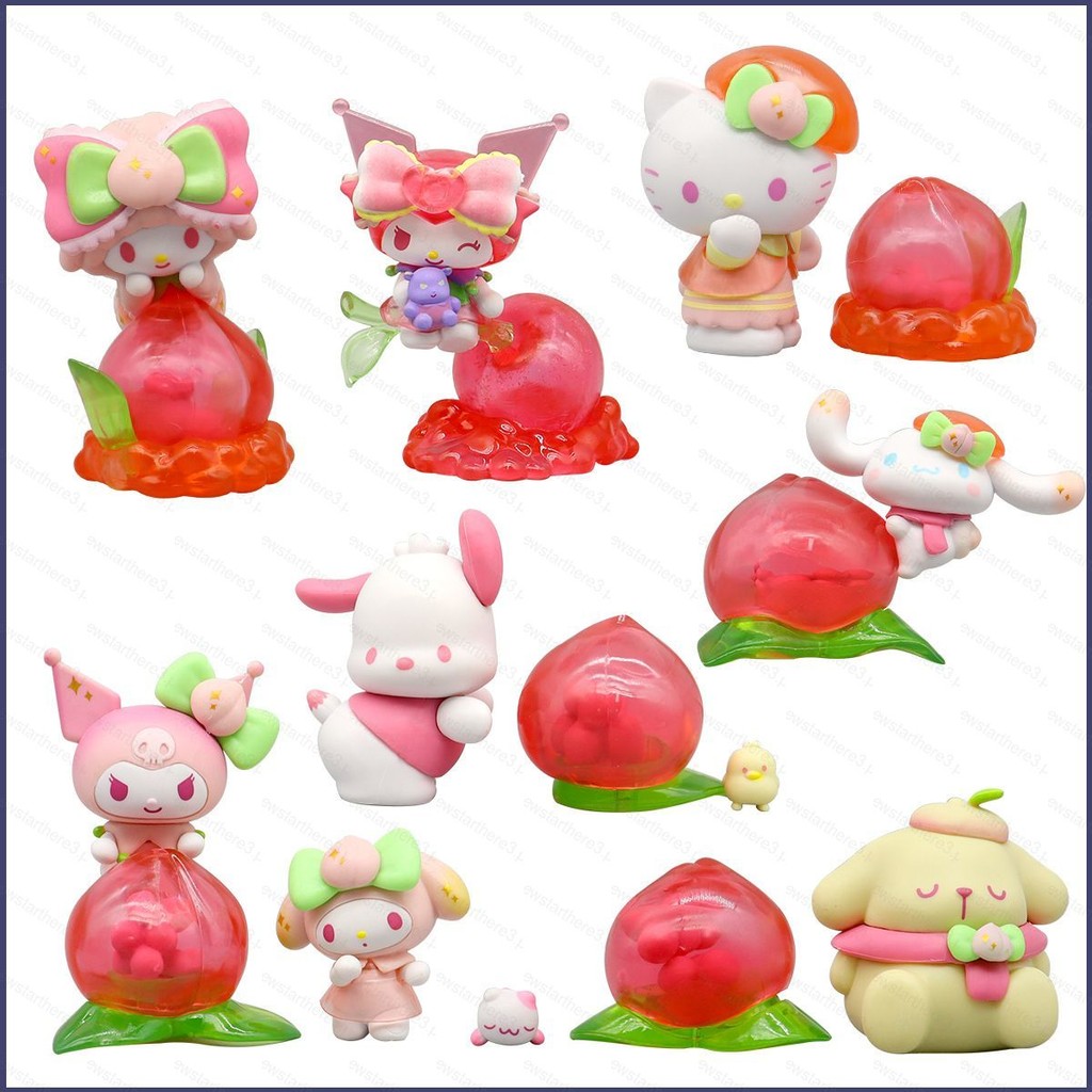 Ye 7pcs Sanrio Action Figure น่ารัก vitality พีช Kuromi Pompompurin Cinnamoroll Hello Kitty ตุ๊กตาขอ