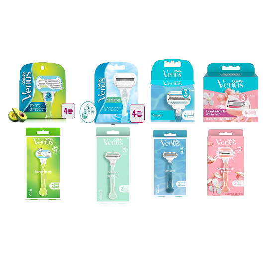 GILLETTE Venus Embrace Razor สีชมพูและ x2 ใบมีดมีดโกนชาขาว 1s ExtraSmoothRazor 1s Smooth Cart 4s Sen