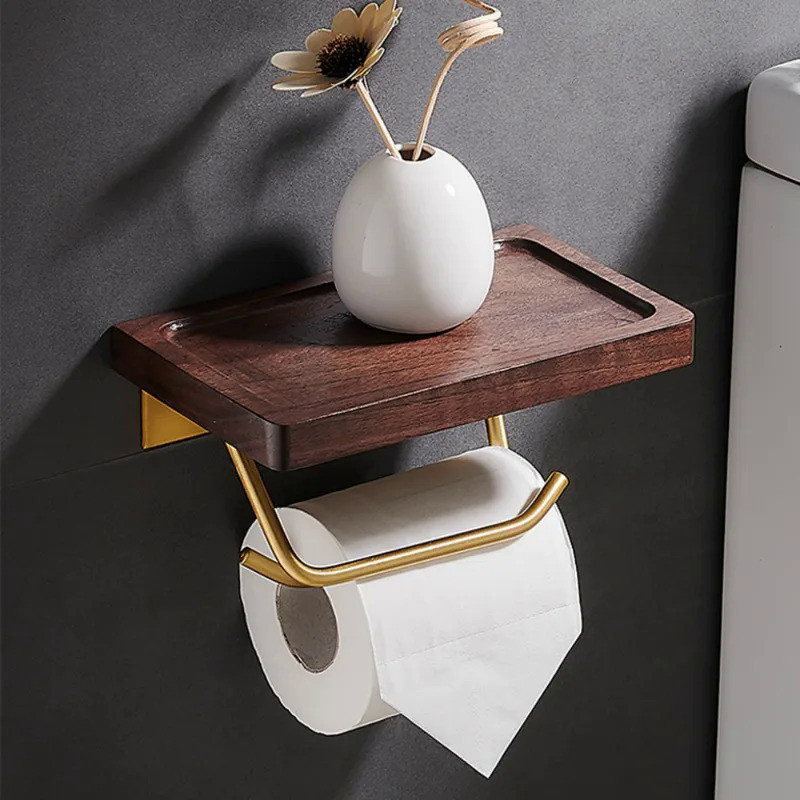 Wall Toilet Paper Dispenser Holder Self Adhesive Shelf Wooden Wall Mount Tissue Paper Roll Storage R