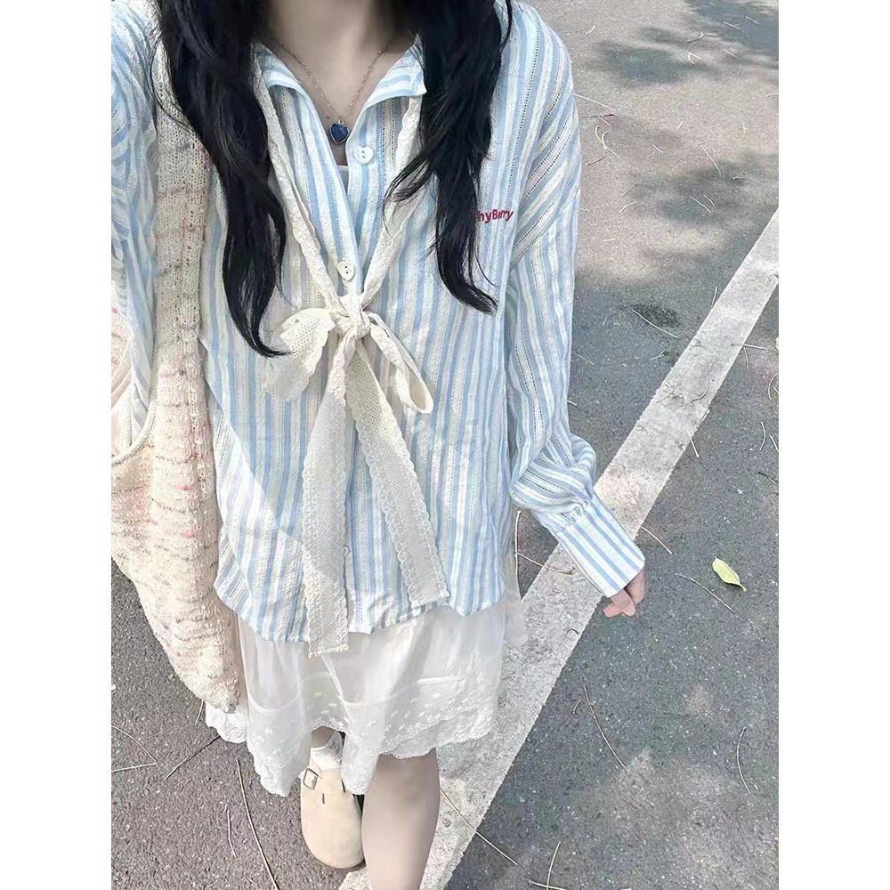 Suxi French Bow Tie Leads Retro ลายหลวมใหม่สบายๆฤดูใบไม้ร่วงเสื้อแขนยาวผู้หญิงด้านบน 241002