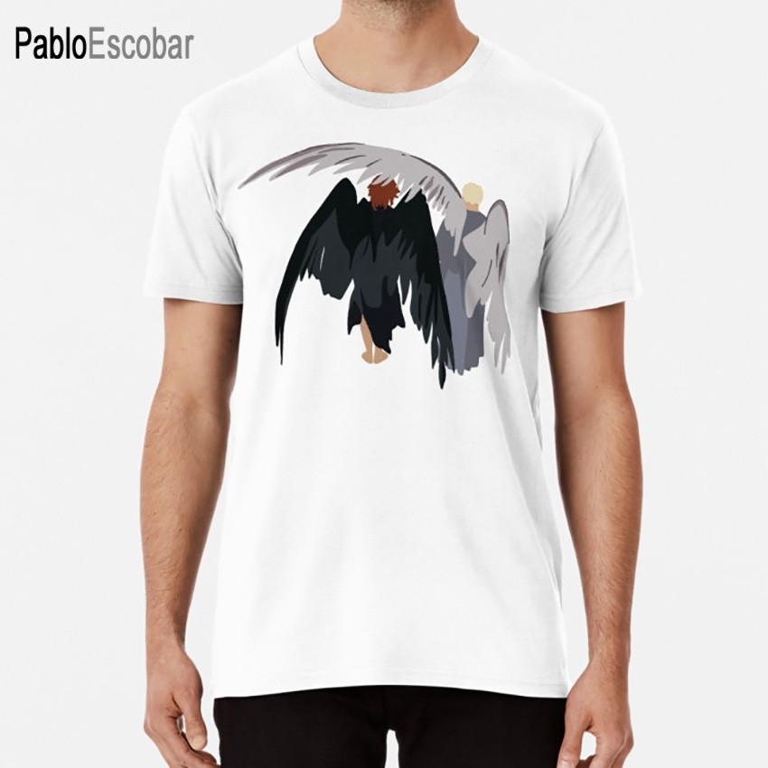 เสื้อยืดMinimal Good Omens แบบAngel & Devil มีMichael SheenและDavid Tennant สำหรับสวมใส่สบาย