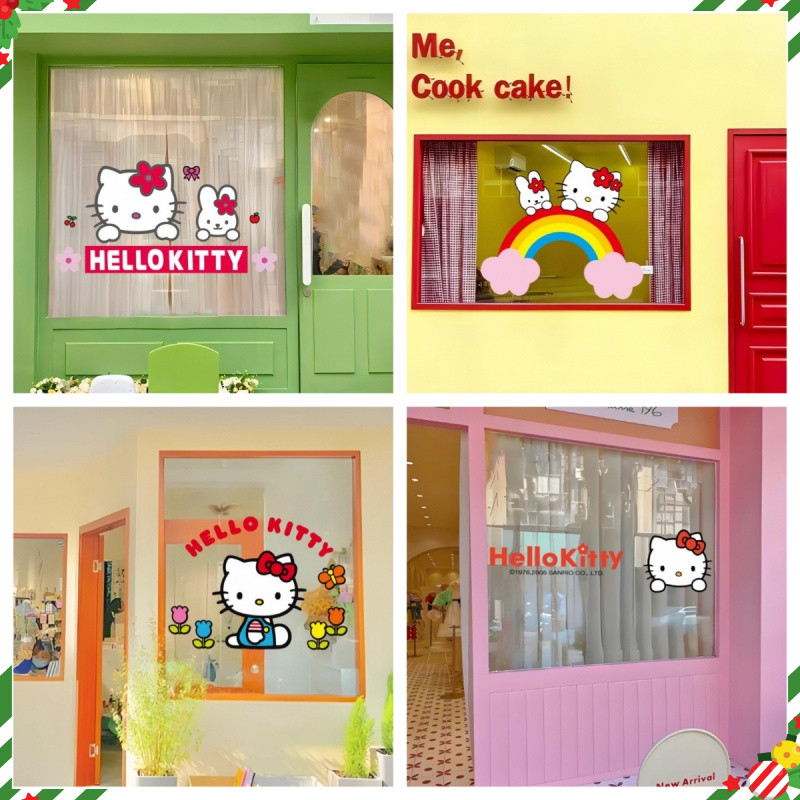 Hello Kitty สติกเกอร์ประตูกระจกหน้าต่างสติกเกอร์แบบคงที่สีสองด้านไม่ทําเครื่องหมายนํามาใช้ใหม่
