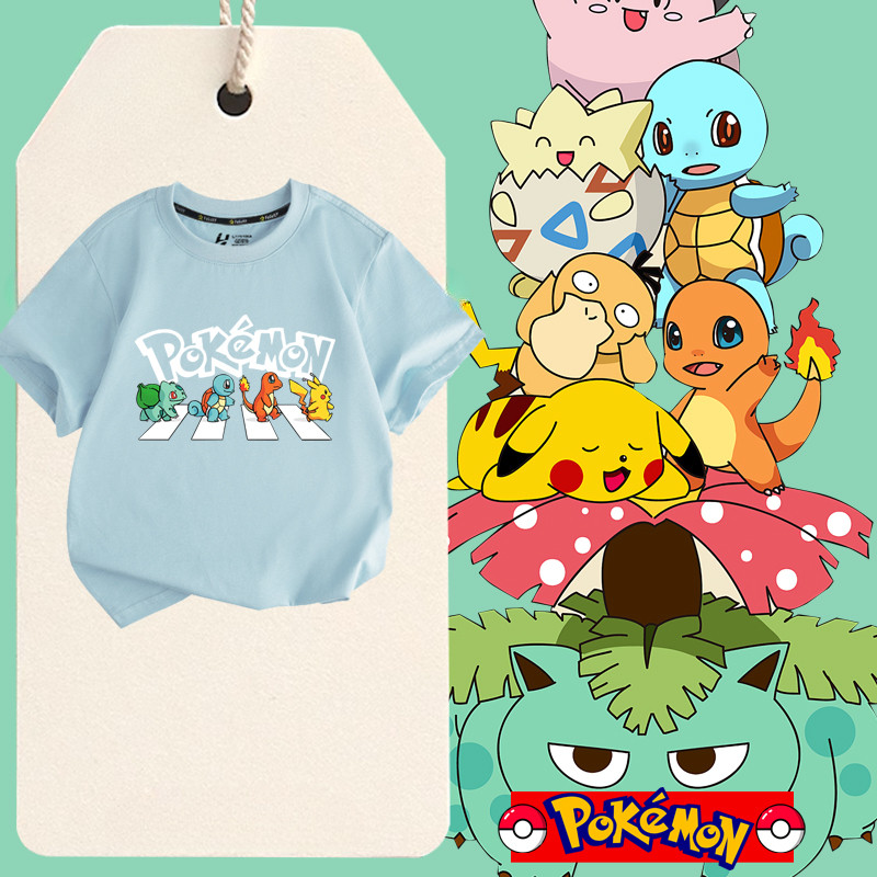 Pikachu Charmander Squirtle Pokemon เสื้อยืดแขนสั้นสําหรับเด็กสไตล์สนุก