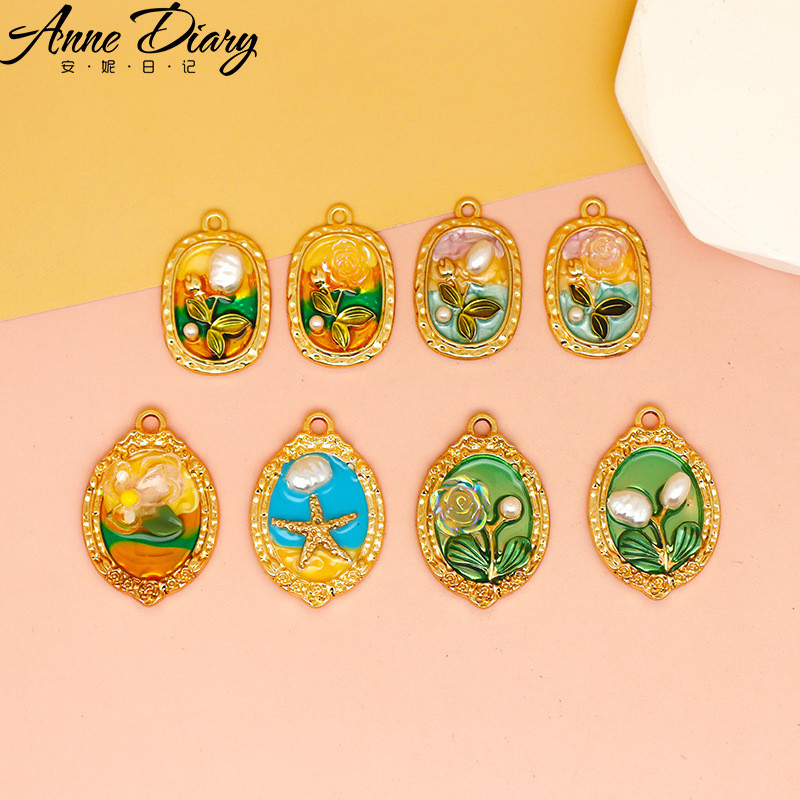 2 pcs/Lot ฝรั่งเศสย้อนยุคหรูหราเบาๆต่างหูสร้อยคอจี้เครื่องประดับ DIY ภาพวาดสีน้ำมันดอกไม้ Monet Garden โลหะผสมอุปกรณ์หยดน้ำมัน