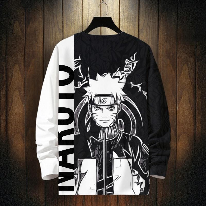 เสื้อยืดคอกลมแขนยาวผู้ชายอินเทรนด์ Naruto Anime Print Student Loose Casual TOP