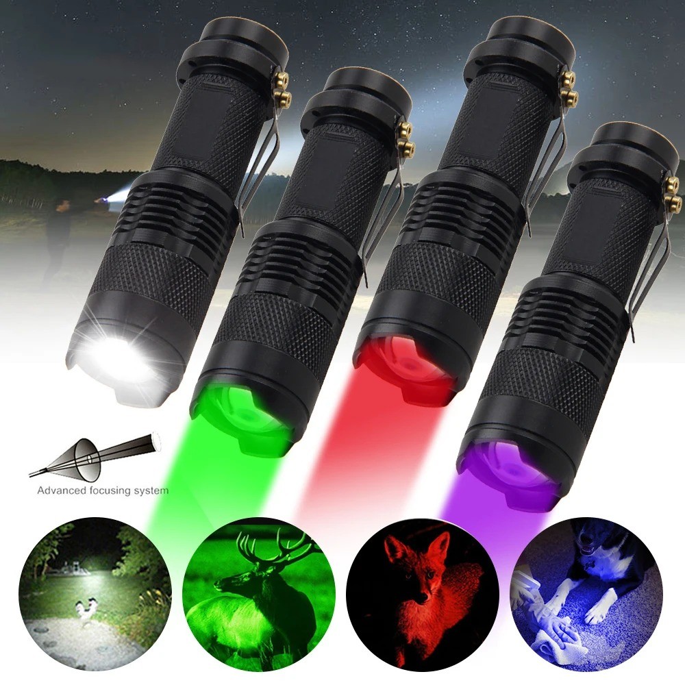 ไฟฉาย LED Zoomable กันน้ําสีเขียว/สีแดง/สีขาว/UV 395nm ไฟฉายคลิปปากกาตรวจสอบ Beam Light โคมไฟ