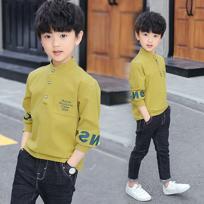 เสื้อผ้าเด็กเสื้อยืดแขนยาวเด็กชายฤดูใบไม้ผลิเด็กฤดูใบไม้ผลิฤดูใบไม้ผลิเสื้อโปโลเสื้อเด็กโตเสื้อลำลองสไตล์เกาหลี L