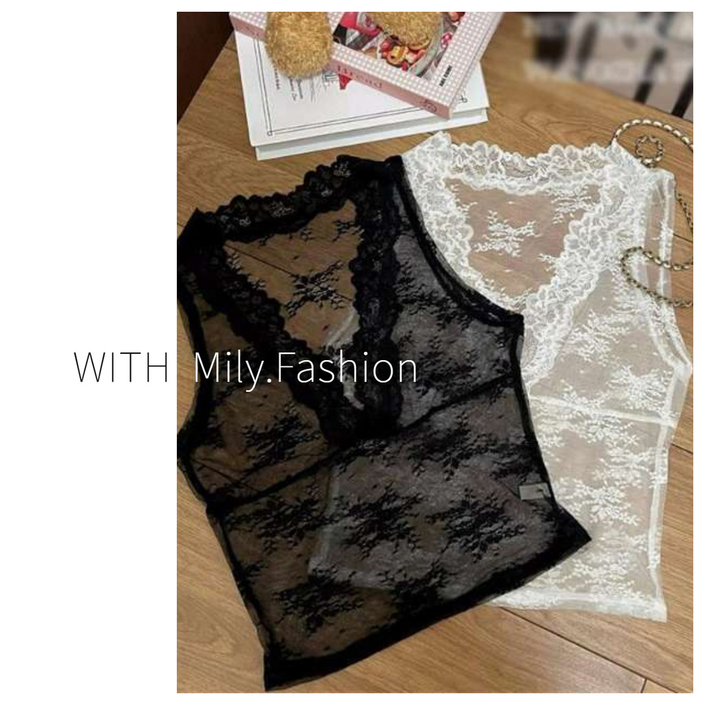 Milyfashion เสื้อกล้ามแขนสั้นลูกไม้คอวีสีขาวเซ็กซี่สไตล์ฝรั่งเศสเสื้อซีทรูแขนกุดใส่ช่วงฤดูร้อน