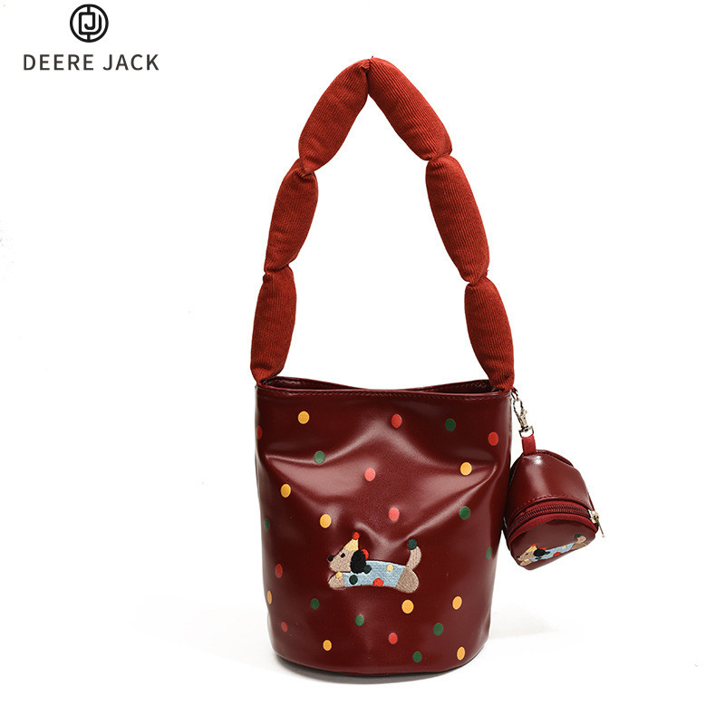 Deere Jack กระเป๋าสะพายสตรีใหม่ Retro ผิวมันถังผ้าฝ้ายเติมสายคล้องไหล่น่ารัก Polka Dot Puppy Tote กระเป๋า