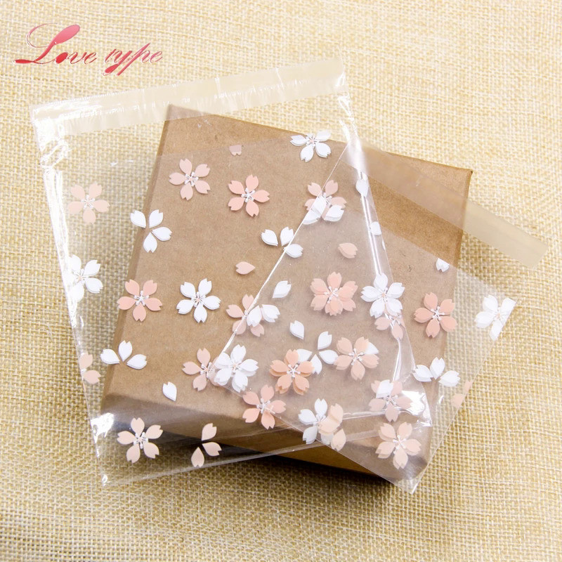 100PCS Cherry Blossoms Candy &Cookie Plastic Bags Self-Adhesive For DIY Biscuits Snack Baking Packag