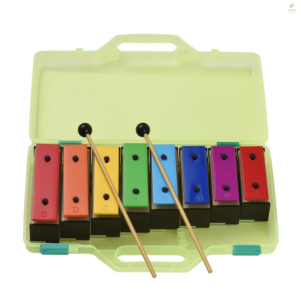 8-note Xylophone สีสัน Glockenspiel ที่ถอดออกได้ Rainbow สีแผ่นโลหะ Resonator Bells พลาสติก Mallets สีเขียว Ca