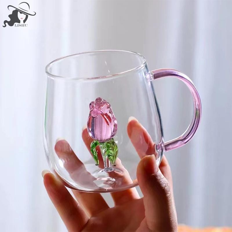 Lishu 3D Creative ถ้วยแก้วแก้วใสพร้อมที่จับถ้วยกาแฟน่ารักขวดน้ําทนความร้อนนม Coupe ดีที่สุดเทศกาลของขวัญ th