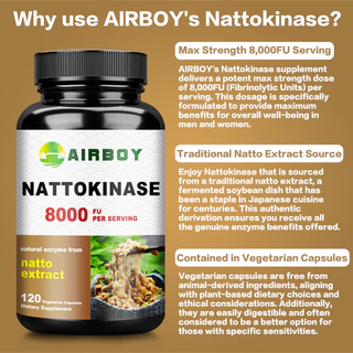 อาหารเสริม AIRBOY Nattokinase, 8,000 FU ต่อเสิร์ฟ, แหล่งสารสกัดจากนัตโตะแบบดั้งเดิม – เอนไซม์ความแรงสูงสุดและรองรับสุขภาพหัวใจ – ไม่ใช่จีเอ็มโอ, 30/60/120 แคปซูล