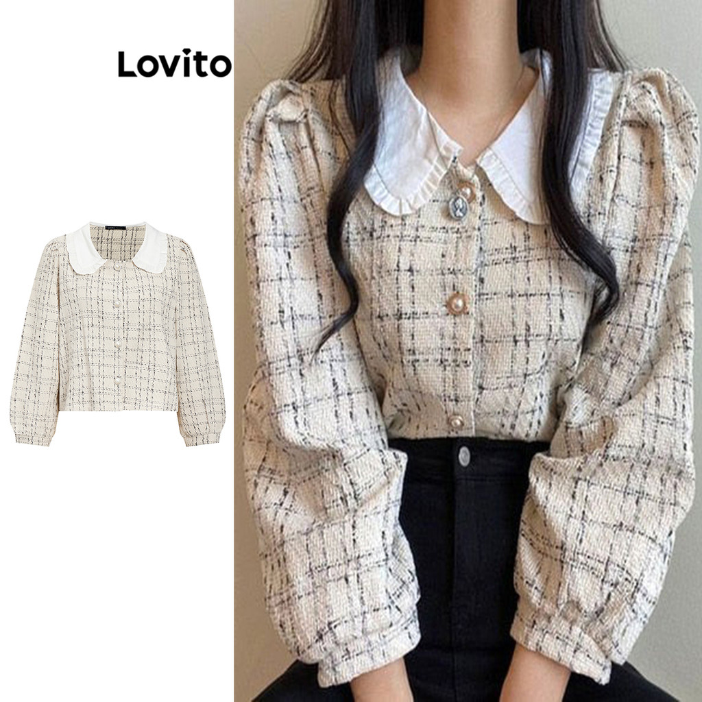 Lovito เสื้อคอปกคอนทราสต์สำหรับผู้หญิง L106AD780