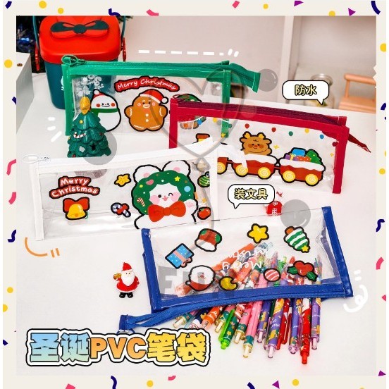 FF TRANSPARENT CHRISTMAS CARTOON PENCIL CASE MULTIPURPOSE POUCH MULTIFUNCTIONAL COSMETIC BAG KOREA R