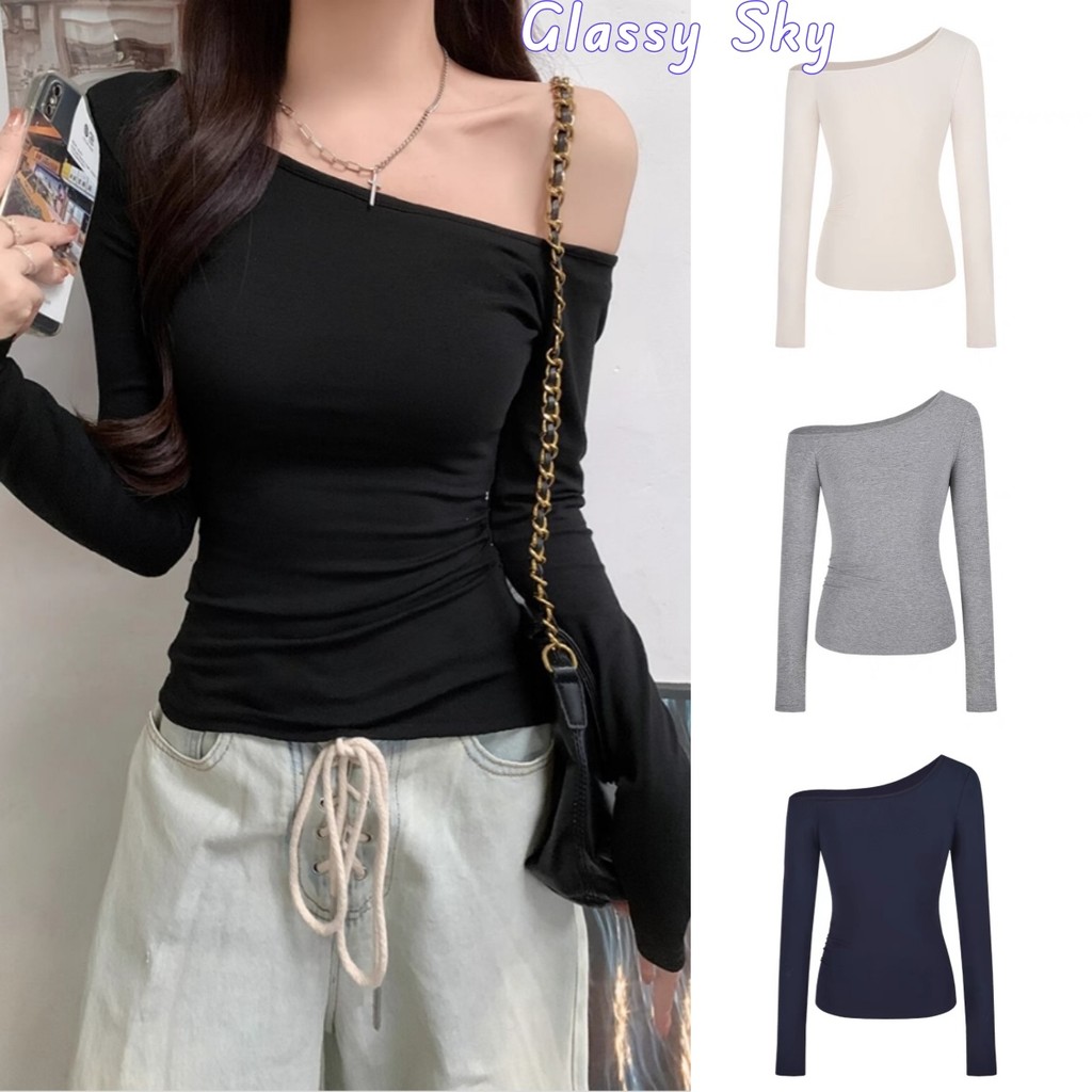 Glassy Sky พร้อมส่ง เสื้อเปิดไหล่แขนยาว ผ้านิ่มทิ้งตัว ยืดตามตัว หลากสี เสื้อแขนยาว(FY789)