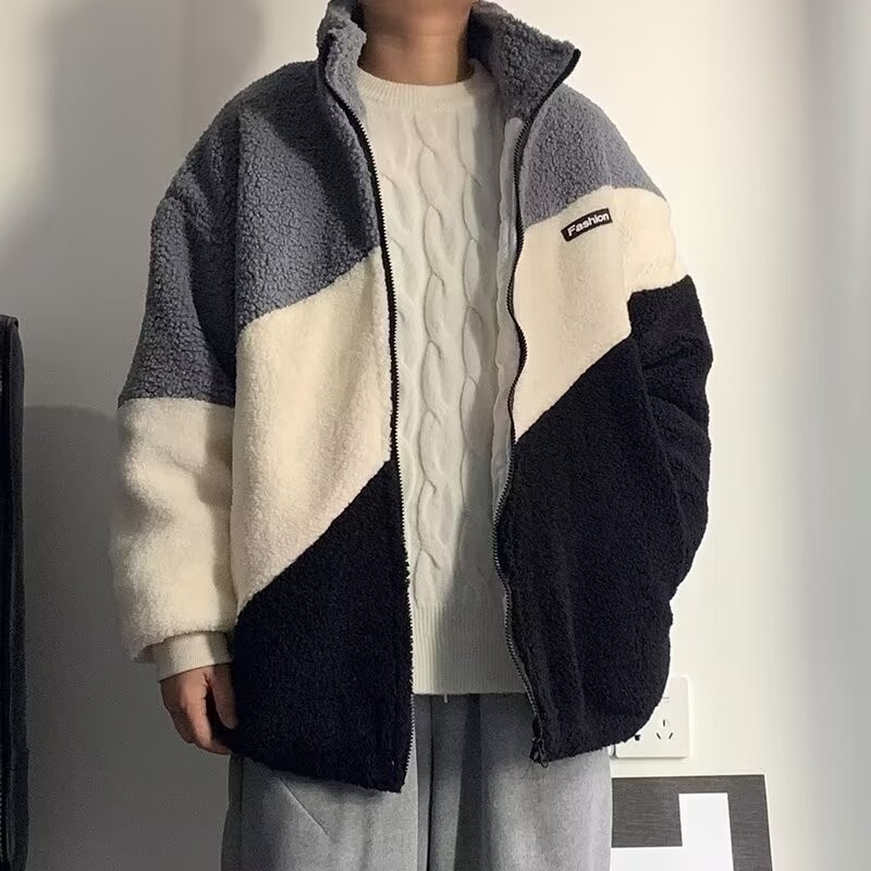 Esea Winter Coat Stand Collar Color Matching Lamb Wool ขนแกะเรียงรายหนาหลวมใหม่