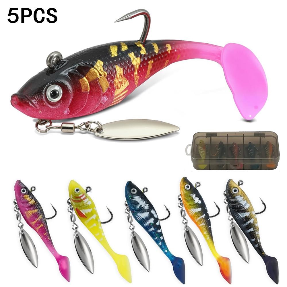5PCS Jig Head พลาสติก Walleye Lures พร้อม Spinner และ Paddle Tail Swimbaits สำหรับน้ำเค็มและน้ำจืด