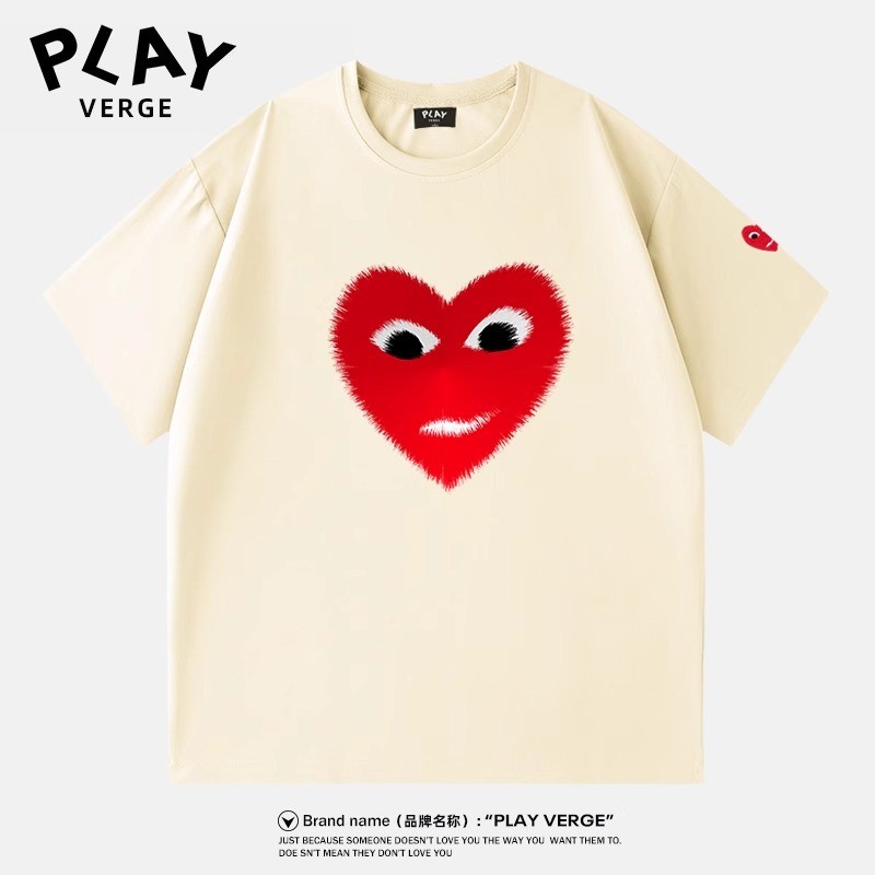 CDG PLAY Love Street Wear ฤดูร้อนผ้าฝ้ายแท้แขนสั้นเสื้อยืดผู้ชายผู้หญิงคู่หลวมรอบคอ Bottoming เสื้อ