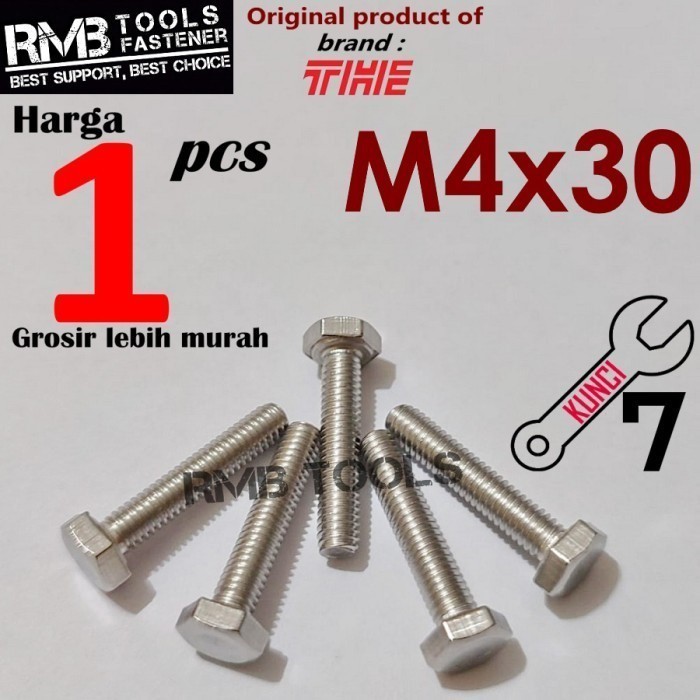 M4x30 สแตนเลสสตีล Hex Bolt SUS 304 A2-70 BMS คีย์ 7 ด้าย 0.70 FT M4