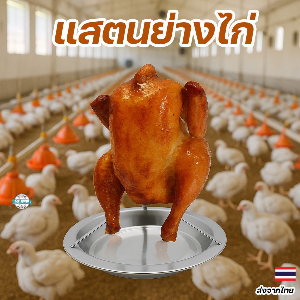 ที่ตั้งย่างไก่แนวตั้งพร้อมถาดรอง สแตนเลส304 ไม่ติดไก่ ปิ้งได้รอบตัว หนังกรอบทั่วชิ้น ใช้ได้ทั้งแคมป์และเตาอบ