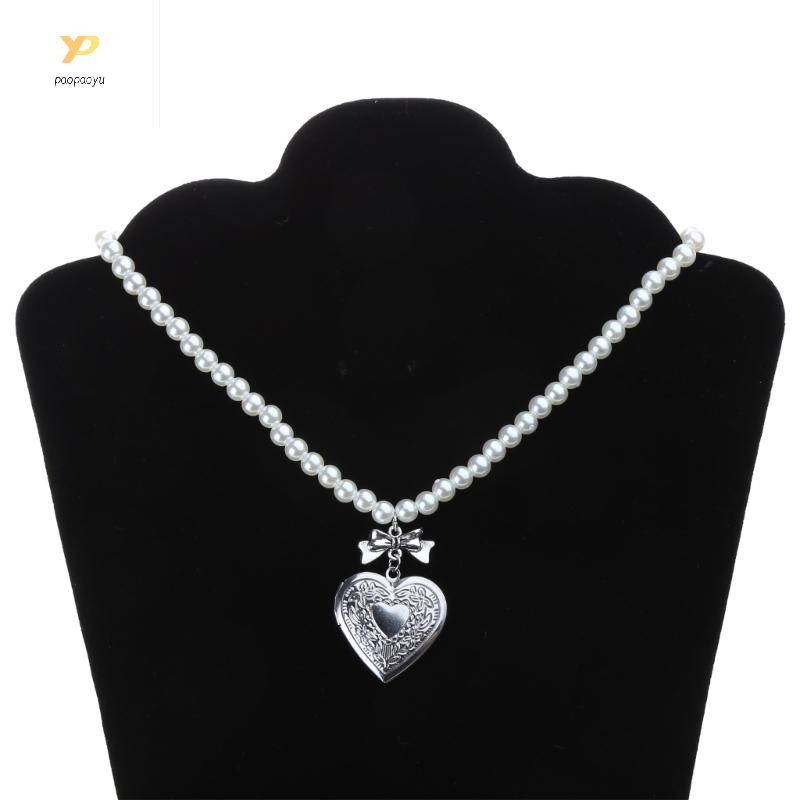 PPY Vintage Heart Bowknot จี้สร้อยคอ Pearl Choker แฟชั่น