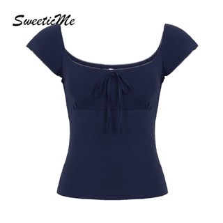 SweeticMe เสื้อสตรี 2025 แฟชั่นใหม่หวานคอสี่เหลี่ยมแขนกุด La…