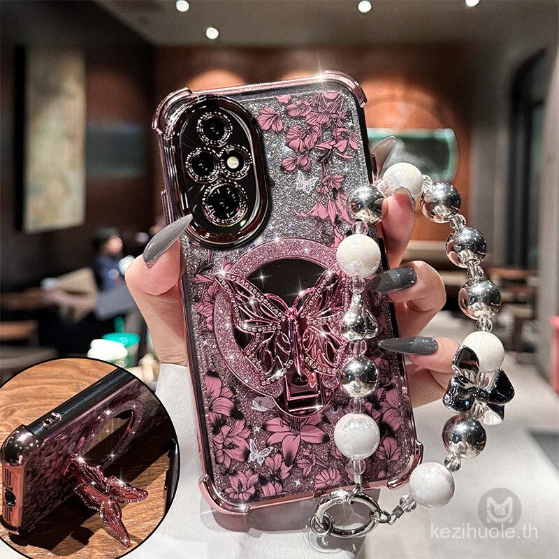 2024 Glitter ผีเสื้อกระจกยึดซิลิโคนอ่อนนุ่มเคสโทรศัพท์พร้อมโซ่สําหรับ Honor 400 200 90 70 Pro 200 สมาร์ท 90 400 Lite ZQJ6