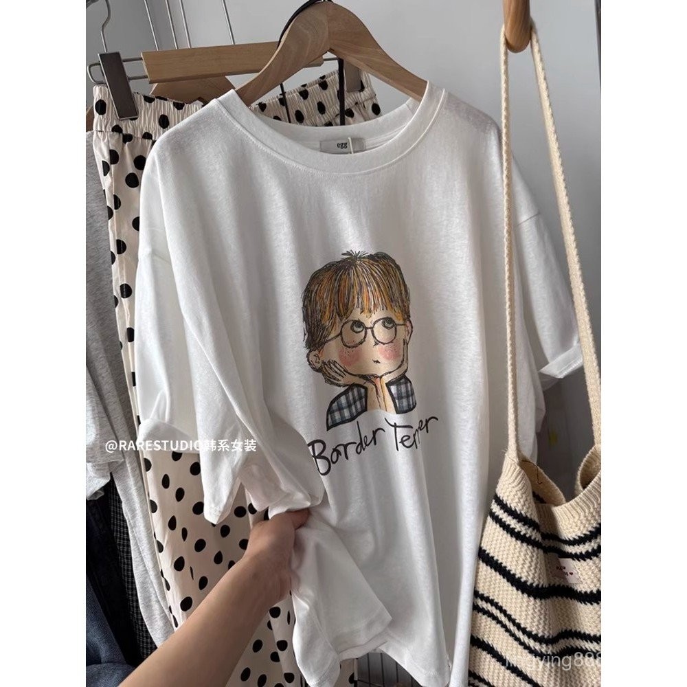 เสื้อยืดแขนสั้น.NOX7 สไตล์เกาหลี ฤดูร้อน ผ้าฝ้ายแท้ พิมพ์การ์ตูน ทรงหลวม รอบคอดี