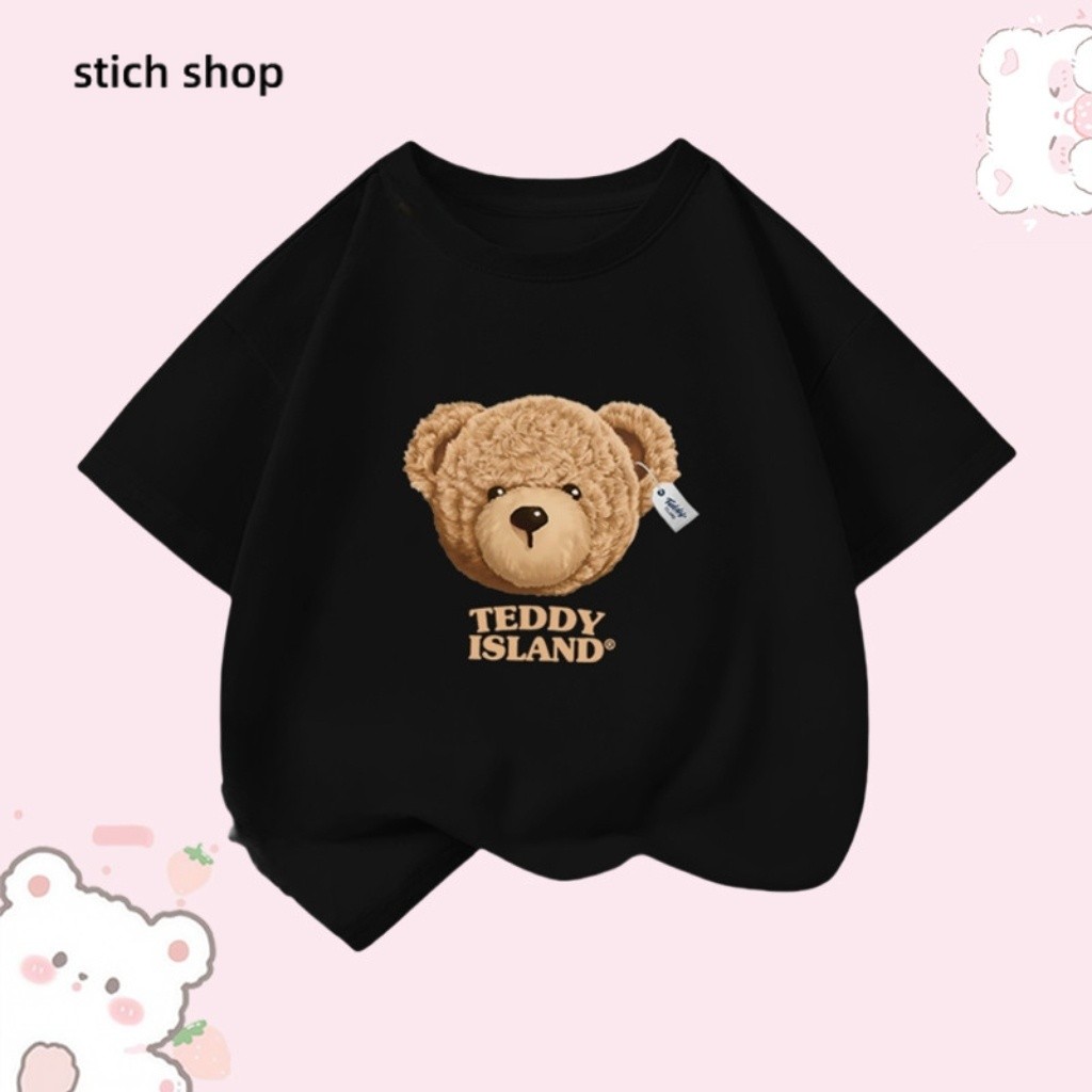 （ จัดส่งทันที ）เสื้อยืดเด็กคอกลม ผ้าฝ้ายแท้ ลายการ์ตูนหมี แขนสั้น สไตล์เกาหลี