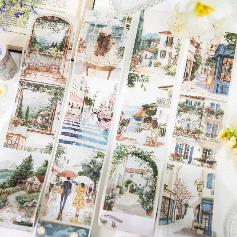 Journal GO 8x200 ซม.สีเขียว Fields Vintage Street ดอกไม้ภูมิทัศน์ Washi เทป Creative DIY วารสาร Scrapbooking การ์ดกระดาษกาวเทป