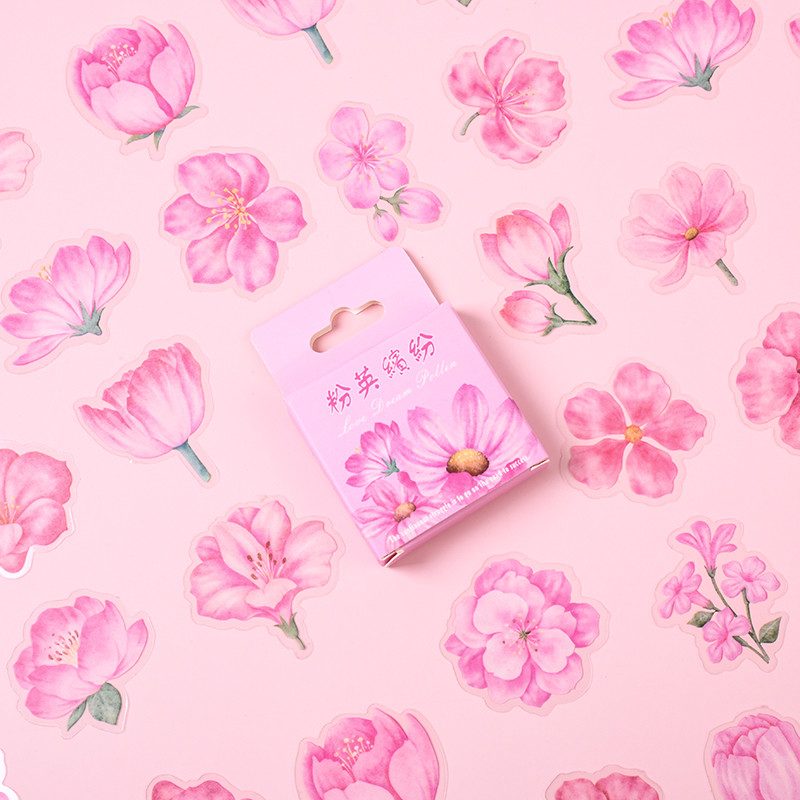 46 ชิ้นชนิดบรรจุกล่องสีชมพู Cherry Blossom Series สติกเกอร์ PET ตกแต่ง DIY วัสดุ Decals