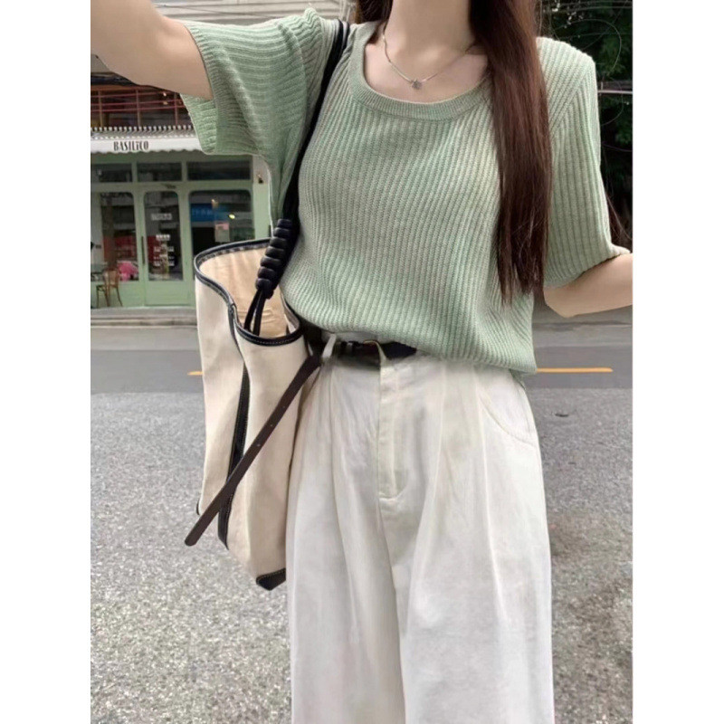 ✨YS เสื้อกันหนาวผ้าไหมน้ําแข็งด้านหน้าไหล่ U-คอแขนสั้น 2025 ฤดูร้อนเกาหลีรุ่นบางขนาดเล็ก All-Match S