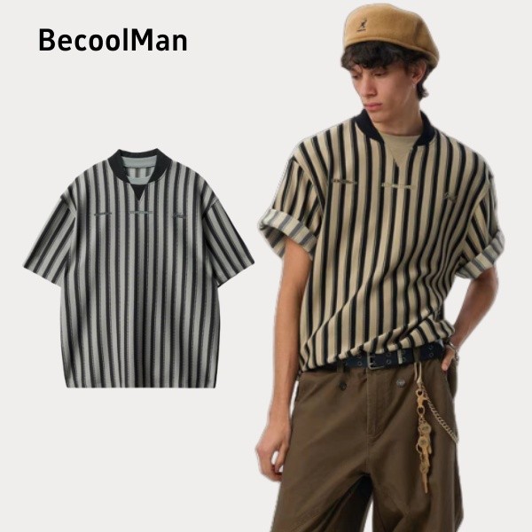💥BecoolMan💥เสื้อยืดชายลายทาง  สไตล์อเมริกันวินเทจ  แขนสั้นพิมพ์ลาย  เสื้อผ้าผู้ชายแฟชั่น  ลำลอง  แมทช์ลุคง่าย