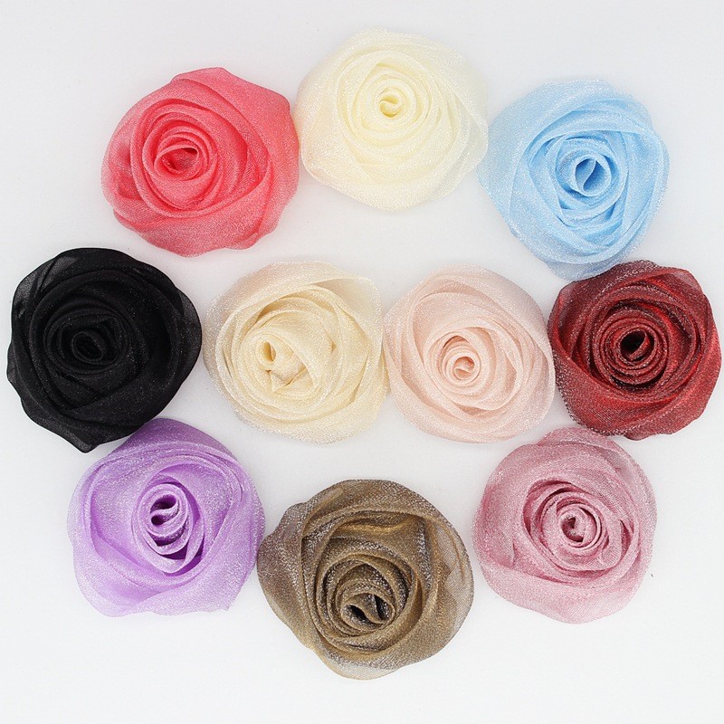 5pcs 5 ซม.3D Rose ดอกไม้หัว Organza ชีฟองผ้า Handmade DIY Headwear Hairpin อุปกรณ์เสริมผมเข็มกลัด