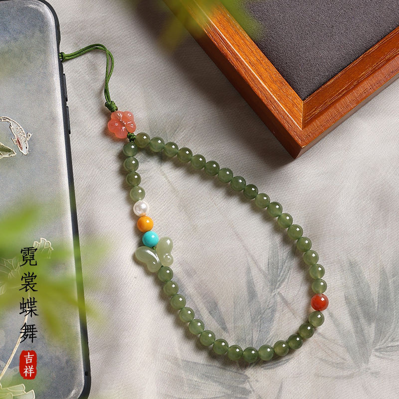 ธรรมชาติ เฮเทียน หยกระดับไฮเอนด์โทรศัพท์มือถือเชือกเส้นเล็กภาคใต้สีแดงขี้ผึ้งผีเสื้อโซ่โทรศัพท์มือถือจี้หญิงข้อมือเชือกจี้ของขวัญ