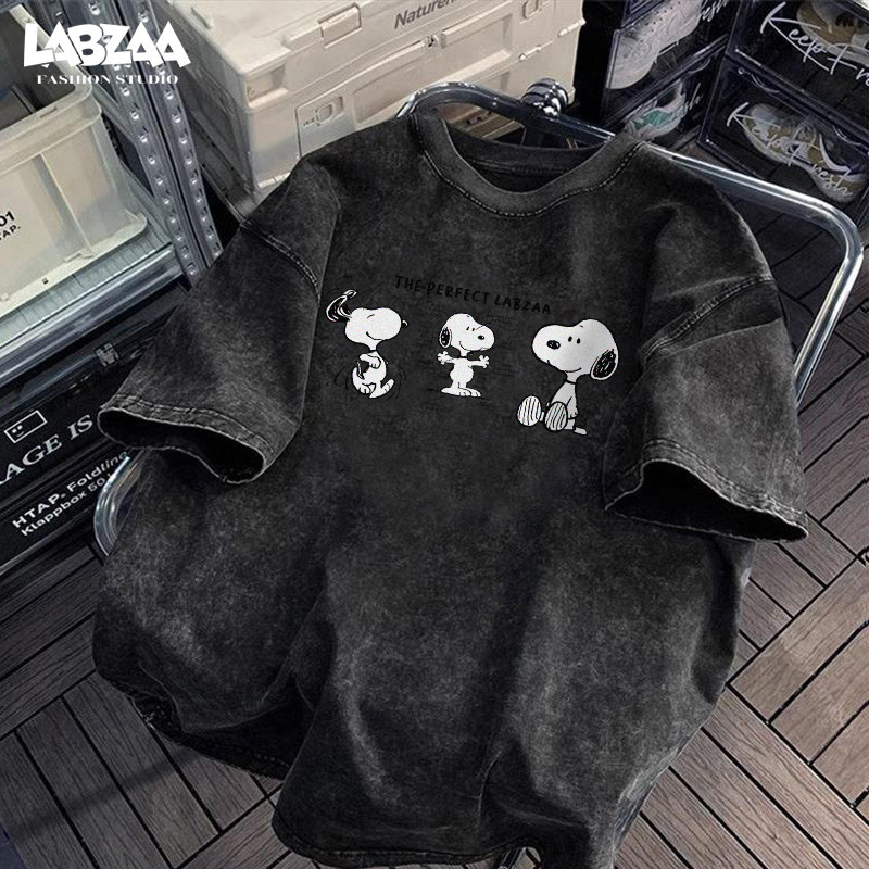 เสื้อยืดแขนสั้นคอกลม🔥วินเทจฟอกน้ำ Snoopy ลายการ์ตูน oversize ระบายอากาศ ผ้าคอตตอน 100% YG514