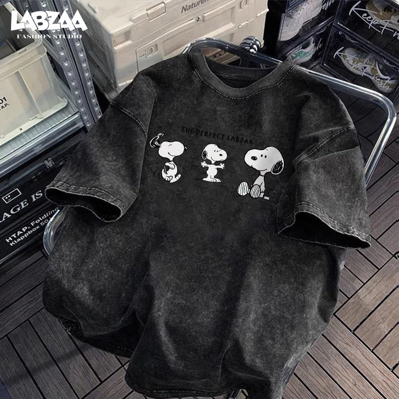 เสื้อยืดแขนสั้นคอกลม🔥วินเทจฟอกน้ำ Snoopy ลายการ์ตูน oversize ระบายอากาศ ผ้าคอตตอน 100% YG514