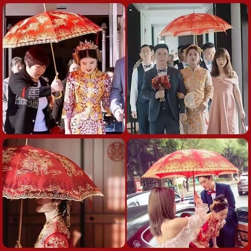 ร่มงานแต่งงาน สีแดง ขนาดใหญ่ ด้ามยาว ปักลูกไม้ thumbnail 7