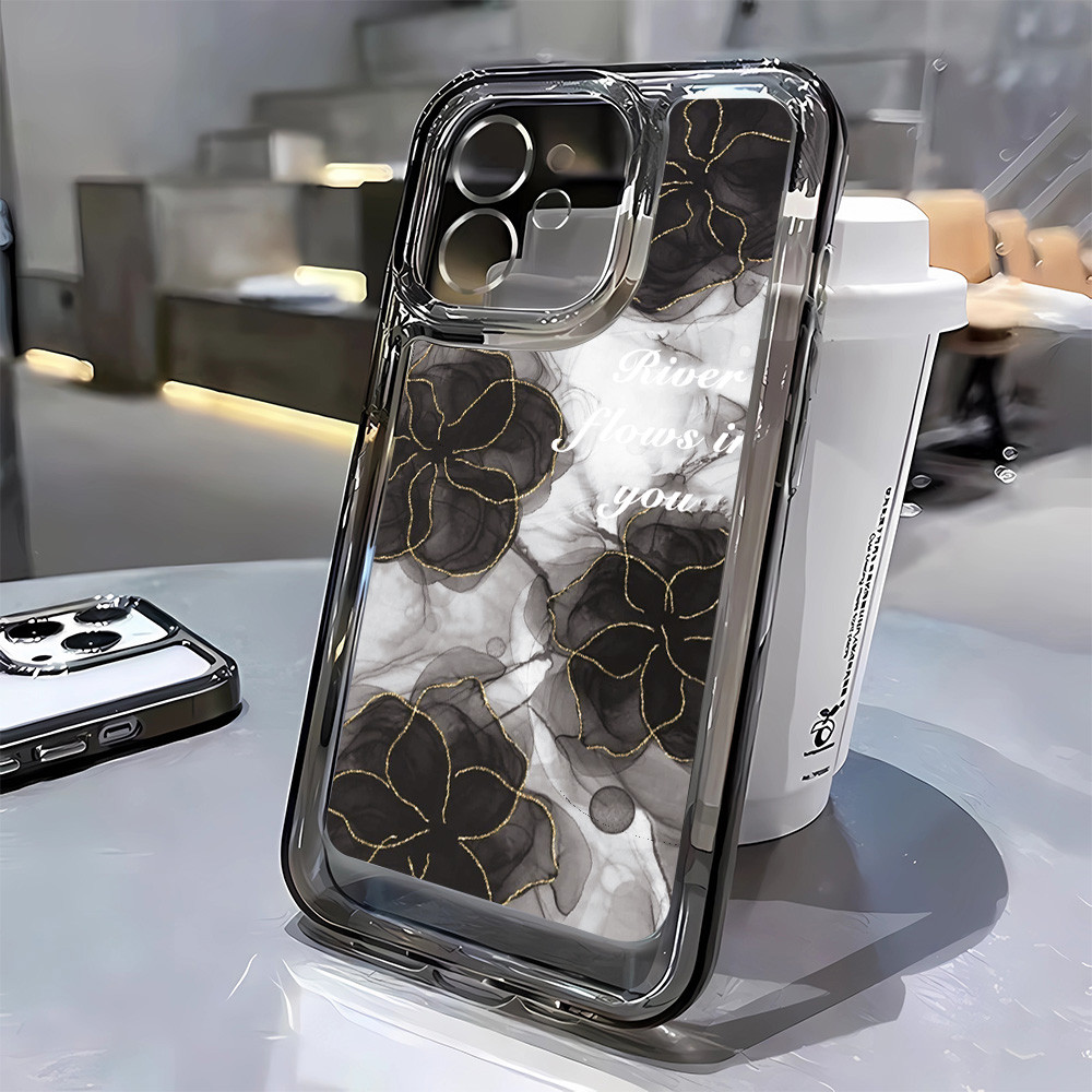 3 in1 ดอกไม้สีดําโปร่งใสสําหรับ Vivo Y77 Y77E Y50 Y51 2020 Y52S Y7S Y70S Y72 Y73S Y76S เคสโทรศัพท์กั