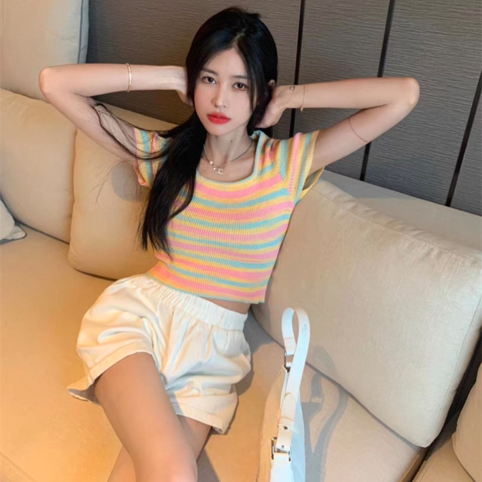 🌟Fairy Style✨เสื้อยืดไหมพรมแขนสั้น เสื้อครอป คอยู ลายทาง สไตล์เกาหลี#5005 - รูปที่ 5