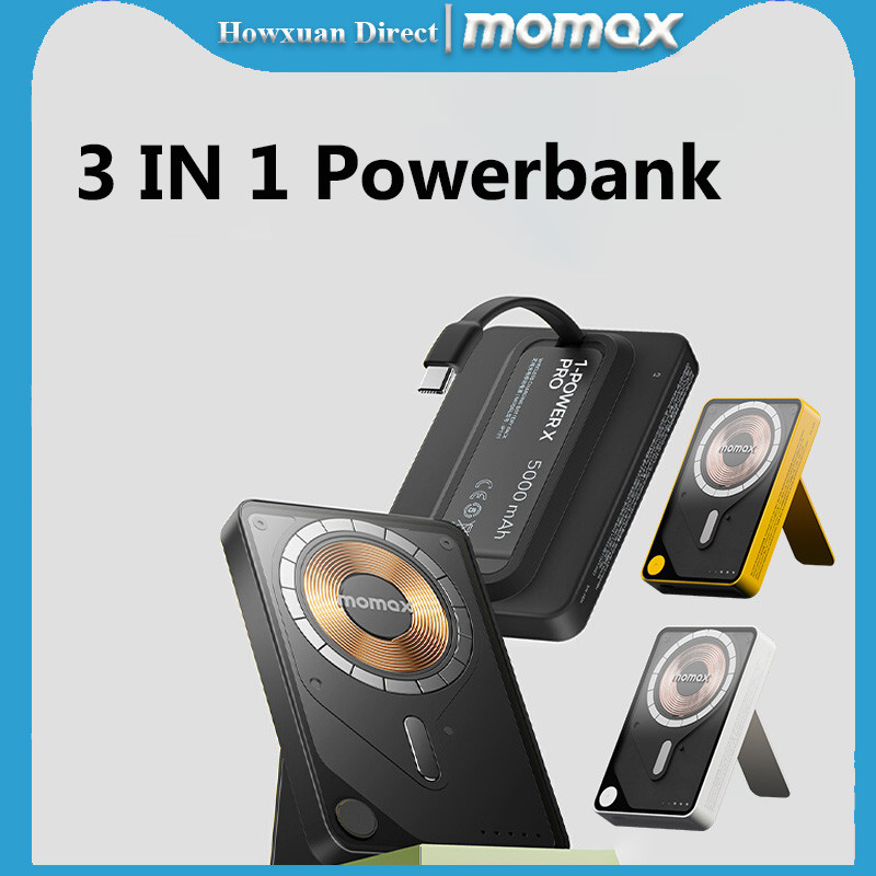 Momax 3 in 1 Magnetic Wireless Power Bank 5000mAh 10000mAh Powerbank สาย USB-C ในตัว